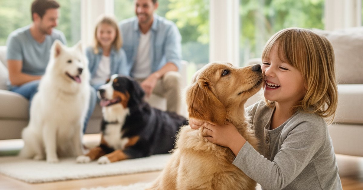 A happy family playing with their Golden Retriever in a sunny park
