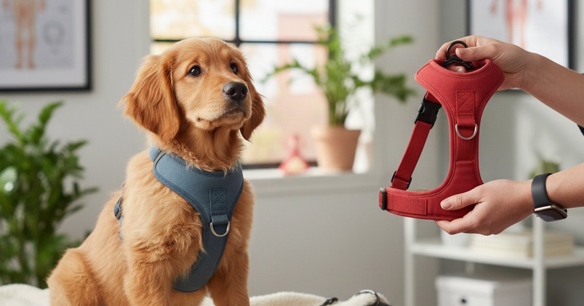 A happy golden retriever wearing a well-fitted safety harness outdoors