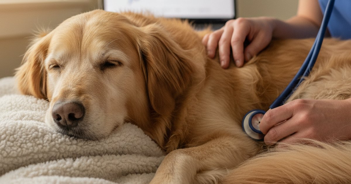 A senior golden retriever resting its head on an owner's lap