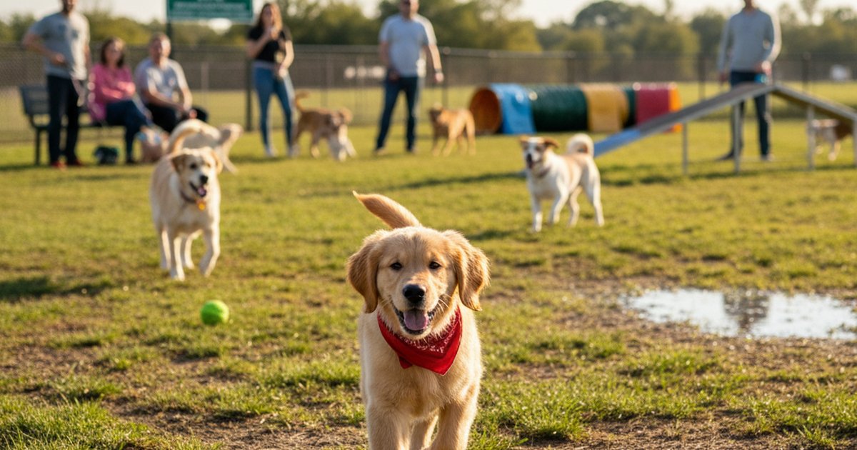 Two dogs playing safely at a fenced community dog park