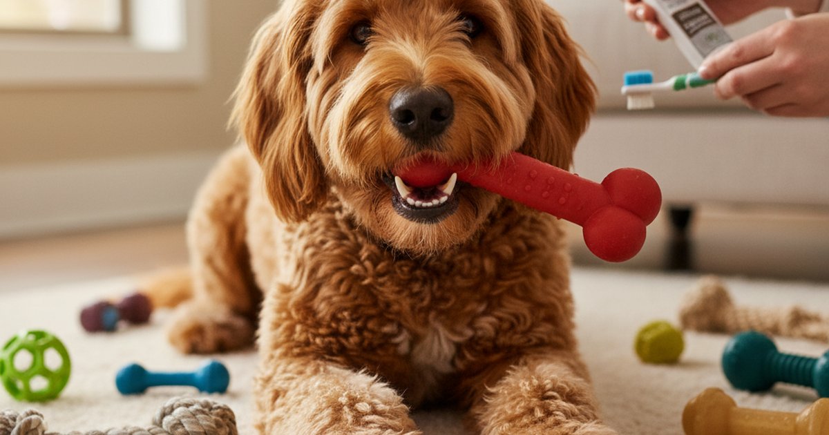 A happy dog chewing on a durable black rubber toy