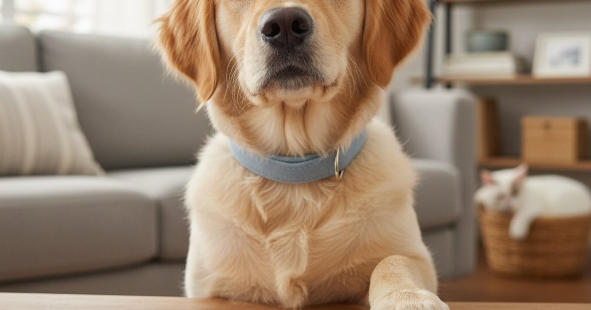 A dog wearing a training collar sitting obediently in a park