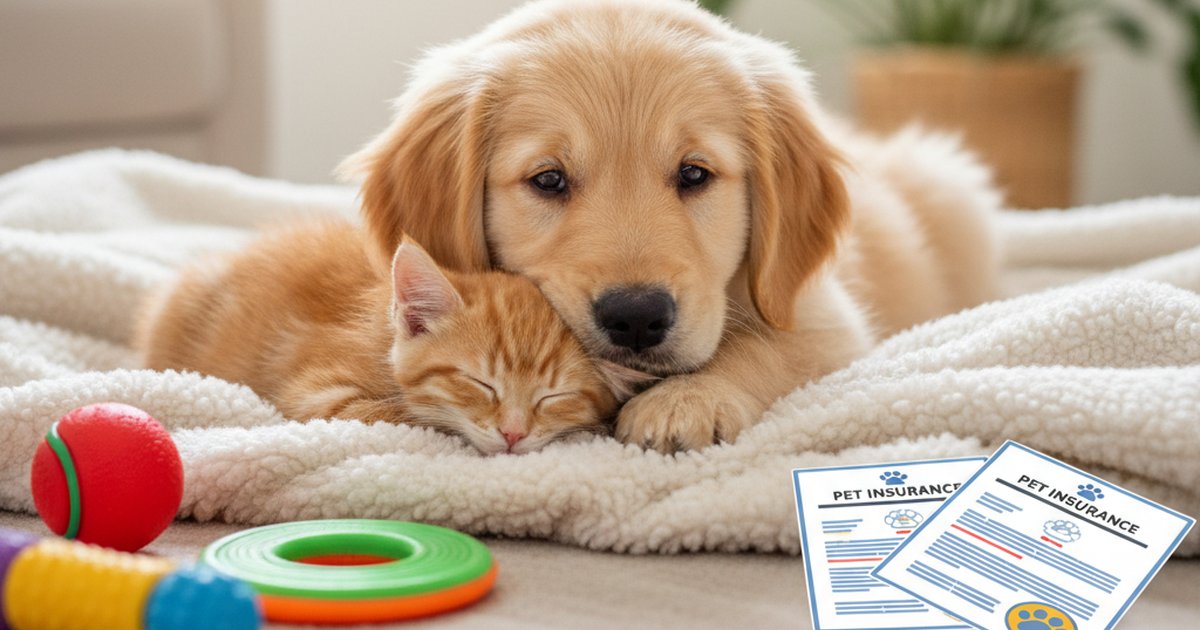 A golden retriever and a tabby cat resting together on a living room rug
