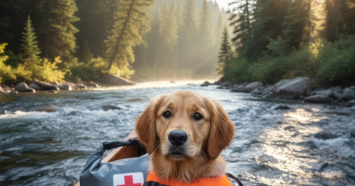 A dog sitting near a camping tent in the woods