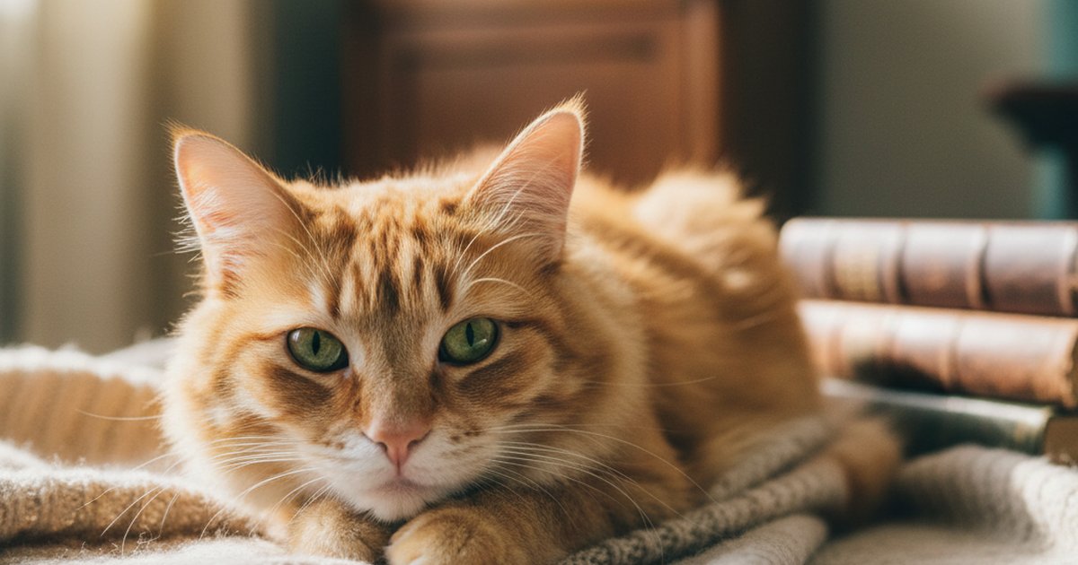 An older tabby cat resting on a blanket inside a veterinary clinic exam room