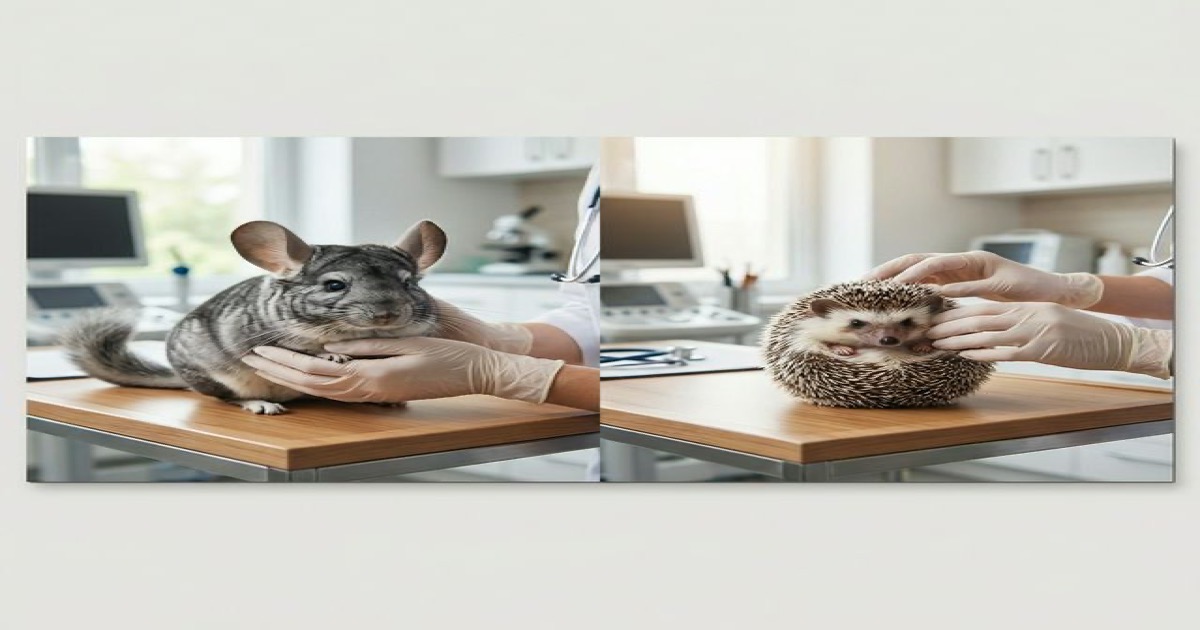 Veterinarian examining chinchilla and hedgehog in split screen