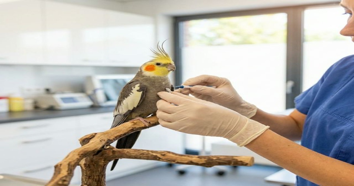 Veterinarian examining a healthy cockatiel with raised crest in clinic