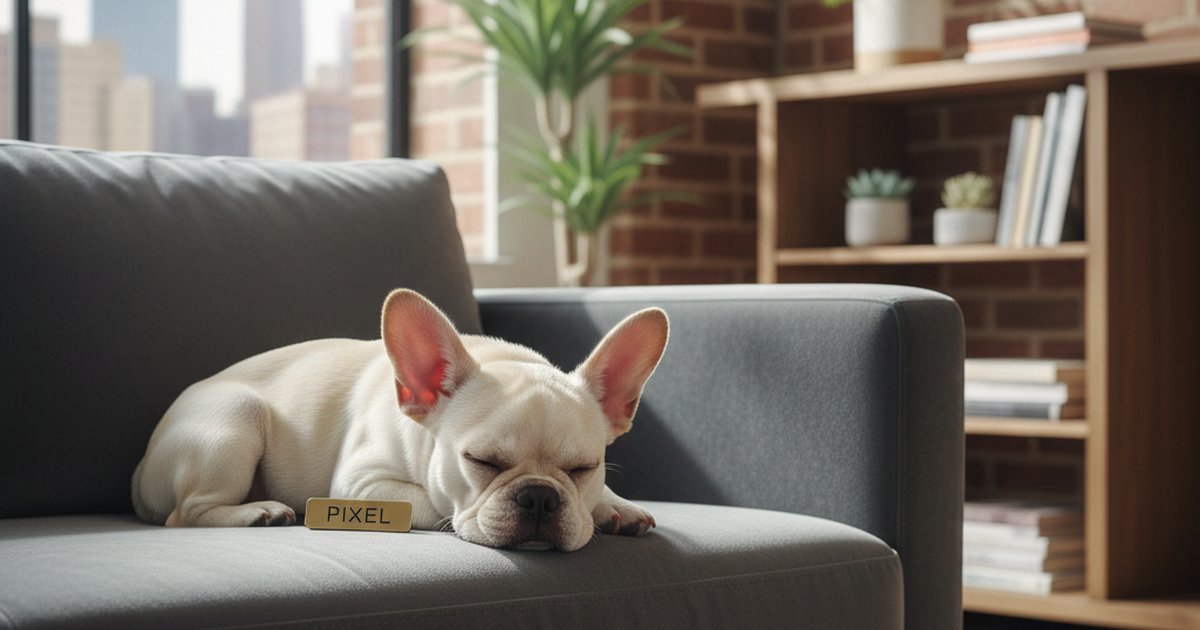 A French Bulldog relaxing on a modern apartment sofa