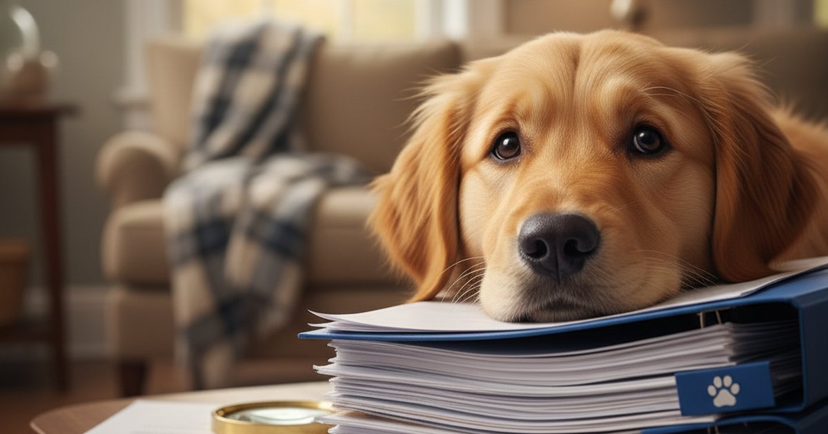 Golden Retriever looking at insurance documents