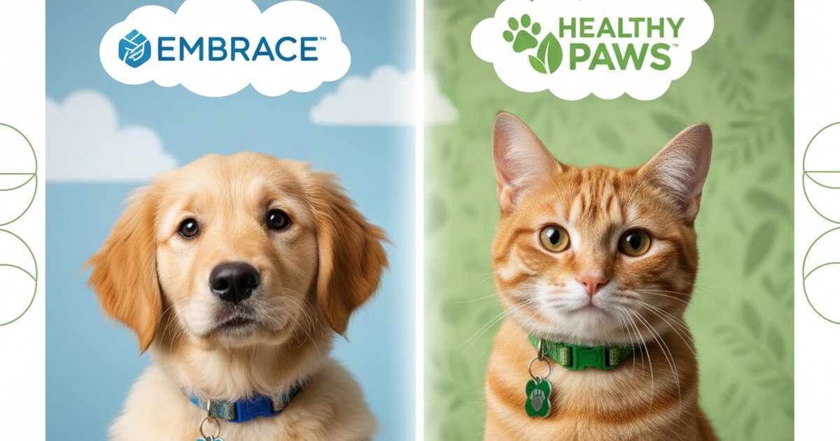 A golden retriever looking at two different pet food bowls representing insurance choices