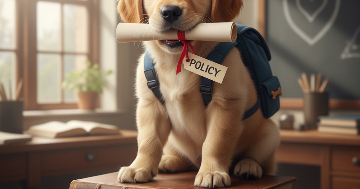 A happy Golden Retriever sitting next to a laptop displaying the Fetch insurance logo