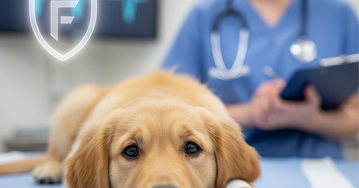 Veterinary assistant comforting a sick dog on an exam table