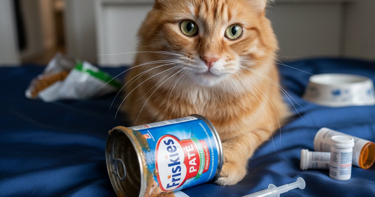 A can of wet cat food next to a veterinary stethoscope and clipboard