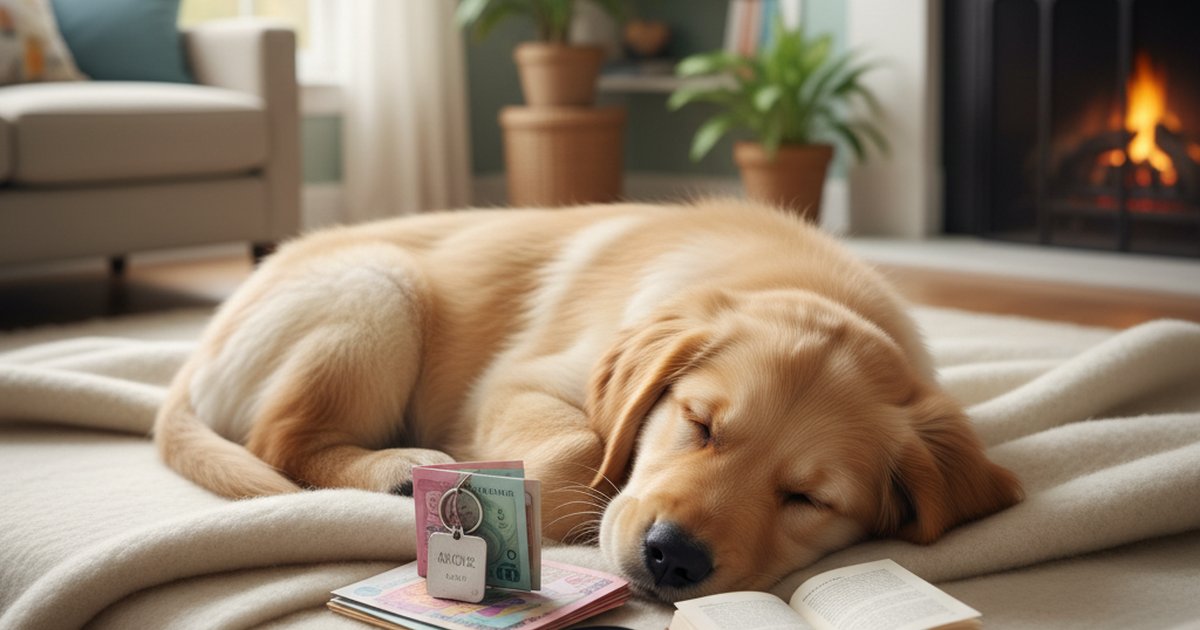 A golden retriever sitting next to a laptop and insurance documents