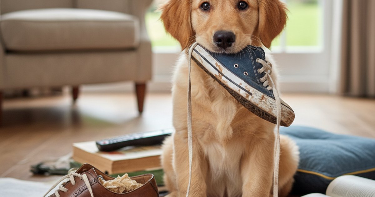 A golden retriever puppy happily chewing on a designated red chew toy on a living room floor.