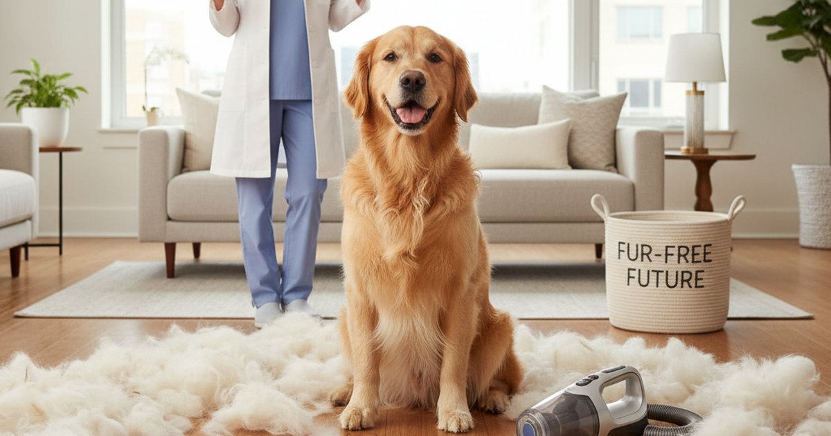 A happy golden retriever being brushed by its owner to reduce shedding on a sunny day.