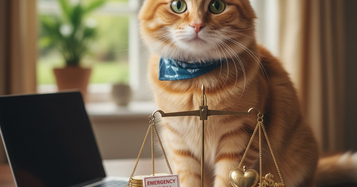 A curious tabby cat sitting next to paperwork and a veterinary bill