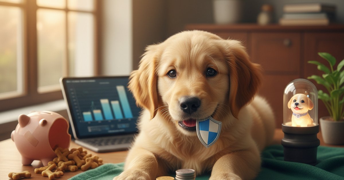 A golden retriever sitting next to veterinary bills and a calculator