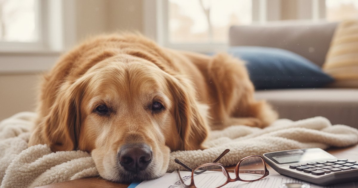 An older Golden Retriever resting comfortably on a rug