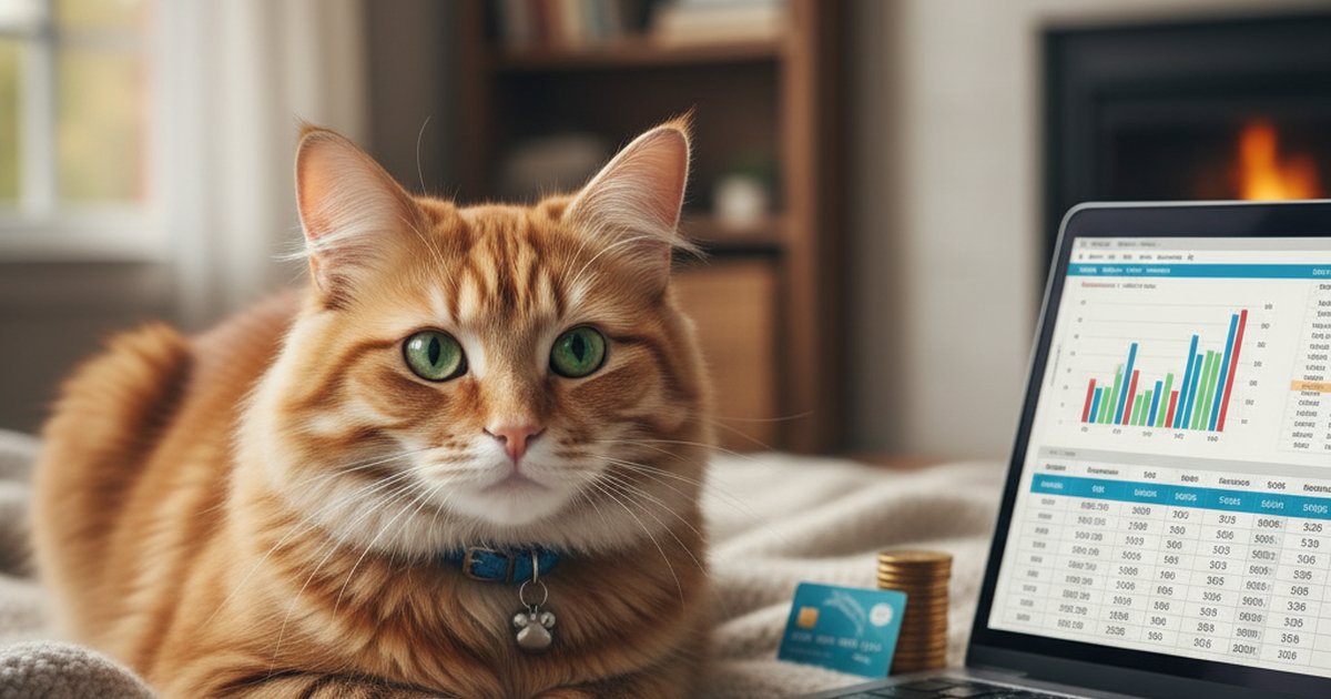 A dog and cat sitting next to a calculator and budget spreadsheet