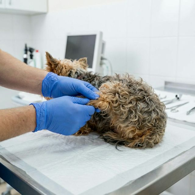 Small dog having knee examined by vet for luxating patella