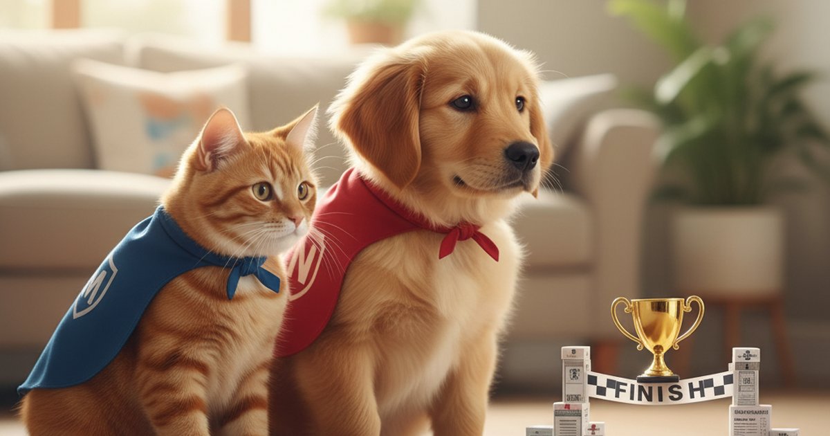 A dog and cat looking at a laptop screen comparing pet insurance policies