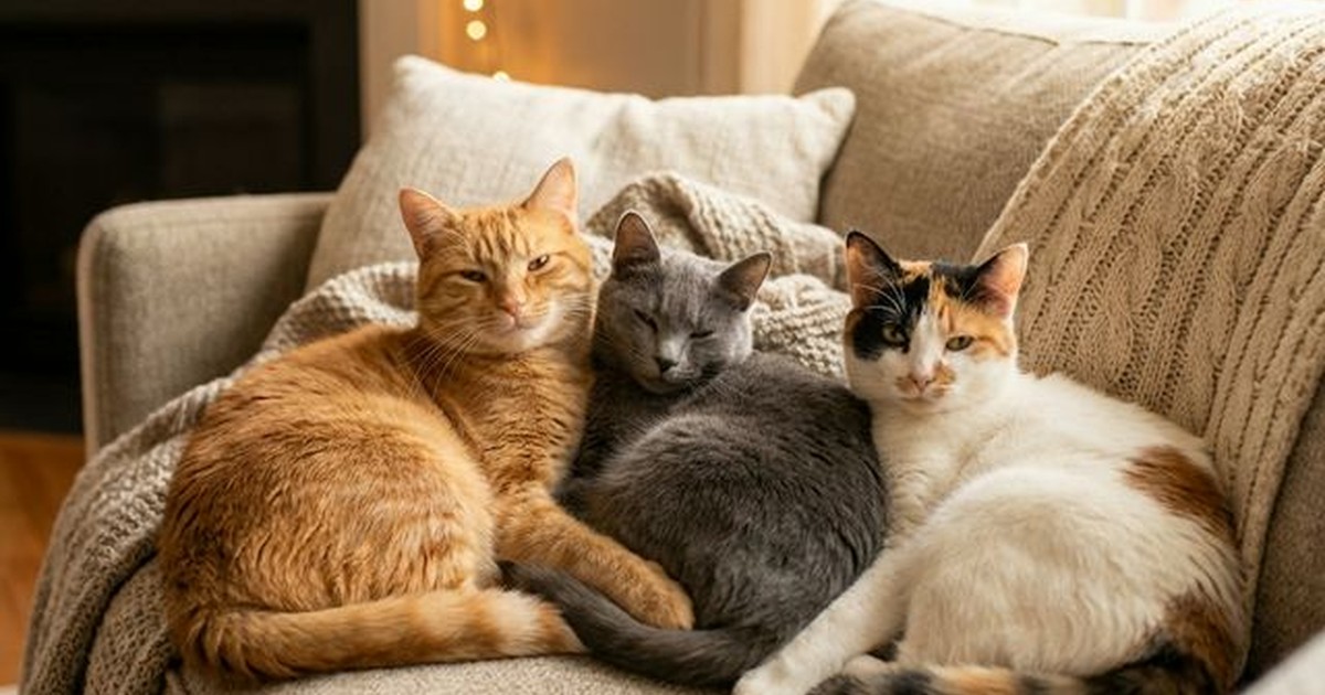 Three distinct cats sitting together on a cozy sofa looking at the camera