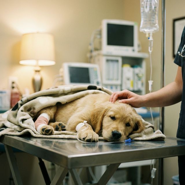 Sick puppy on IV fluids being treated for parvo