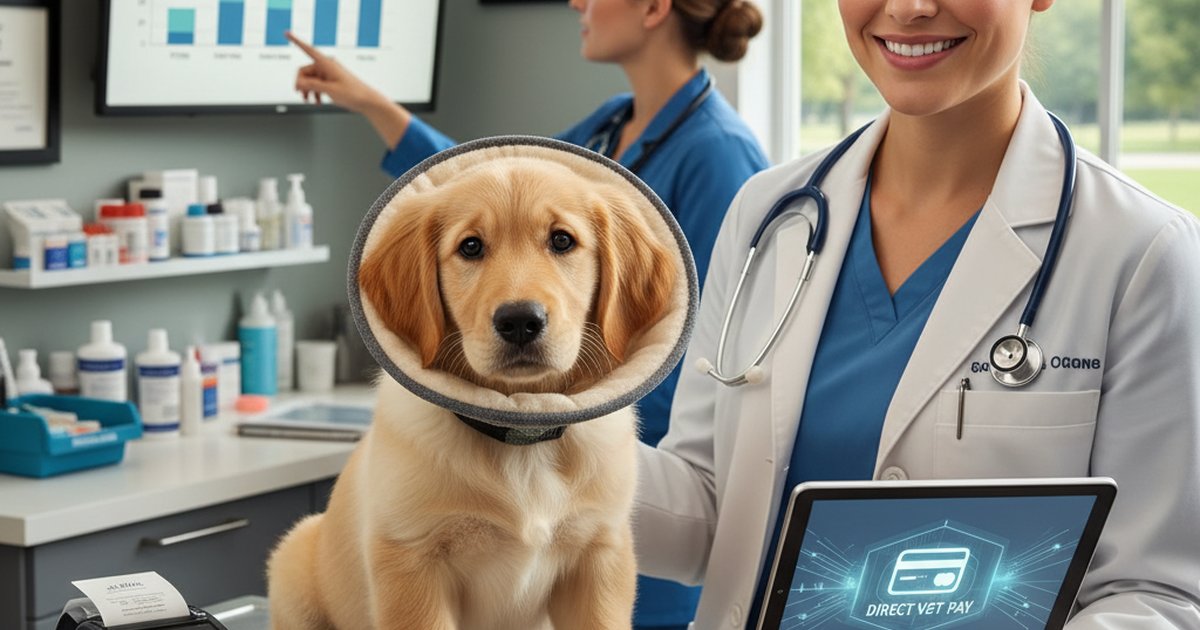 Veterinarian processing a direct payment for a dog's medical bill at a clinic front desk