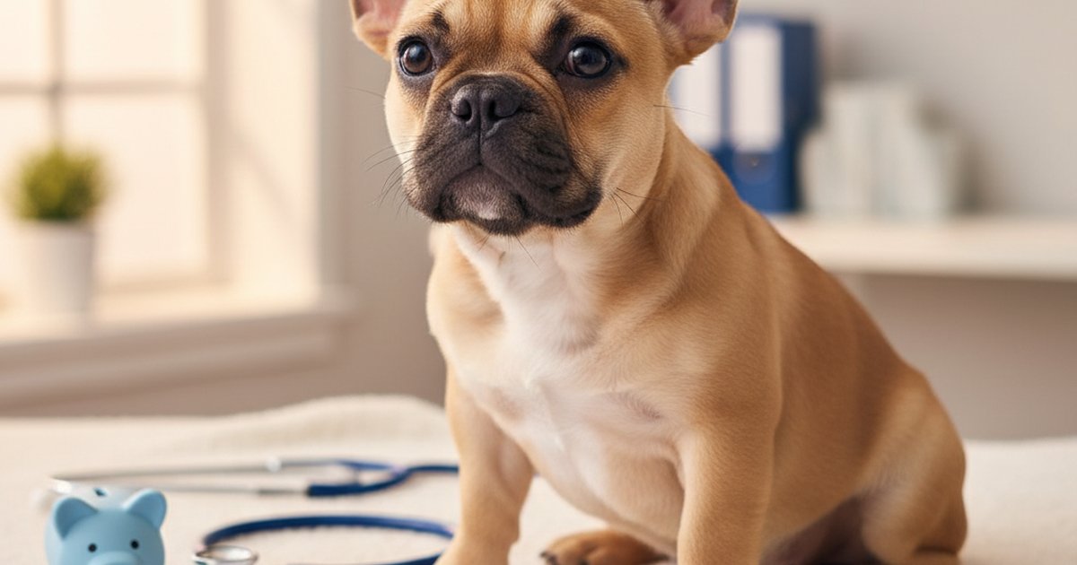 A French Bulldog sitting comfortably on a vet examination table