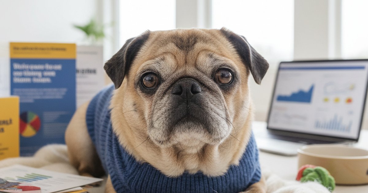 A senior pug with graying fur resting comfortably on a couch, looking at the camera.