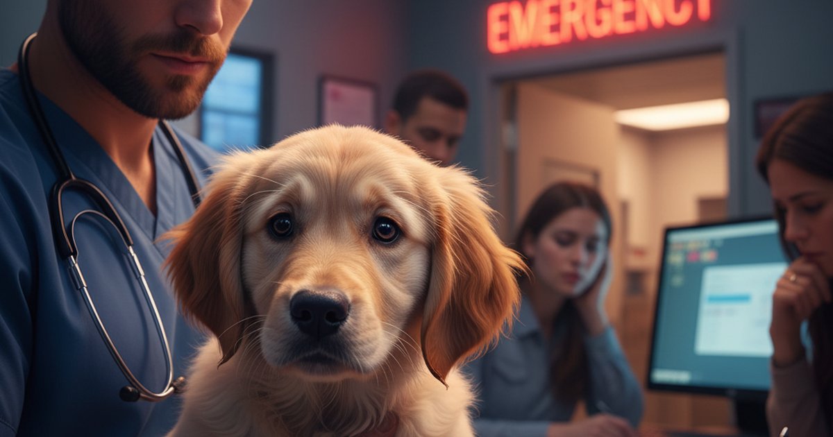 Anxious pet owner holding a sick dog in a veterinary emergency room waiting area
