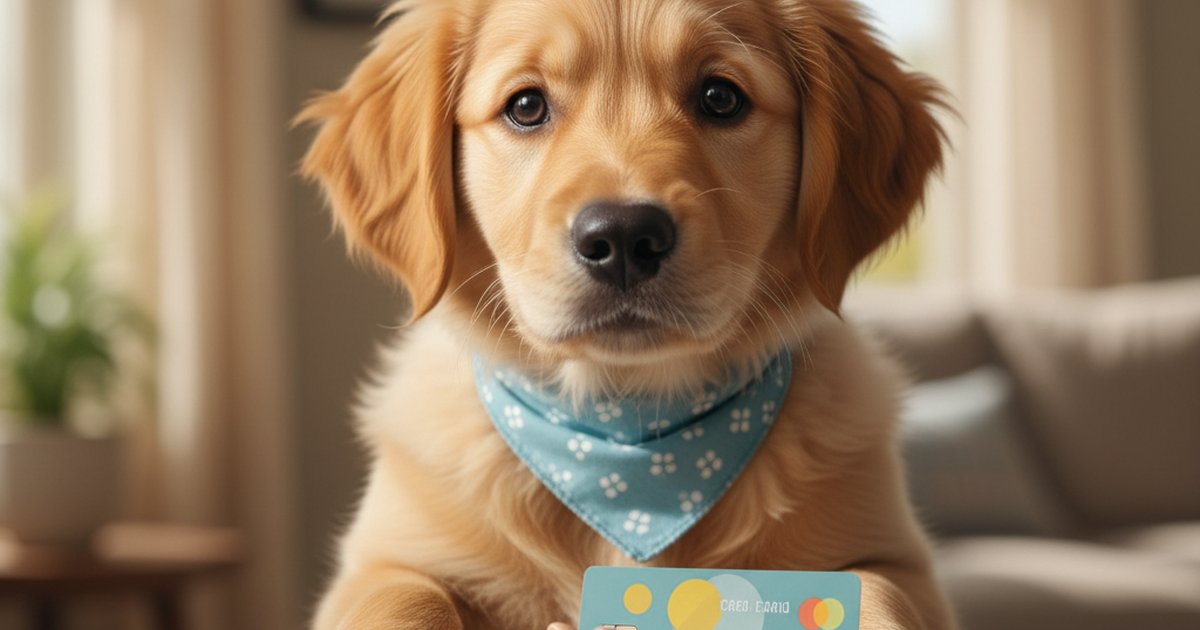 A cute golden retriever puppy looking at a piggy bank