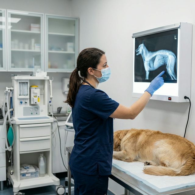 Veterinarian examining an X-ray of a dog with pyometra