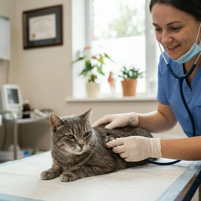 Senior cat being examined by veterinarian