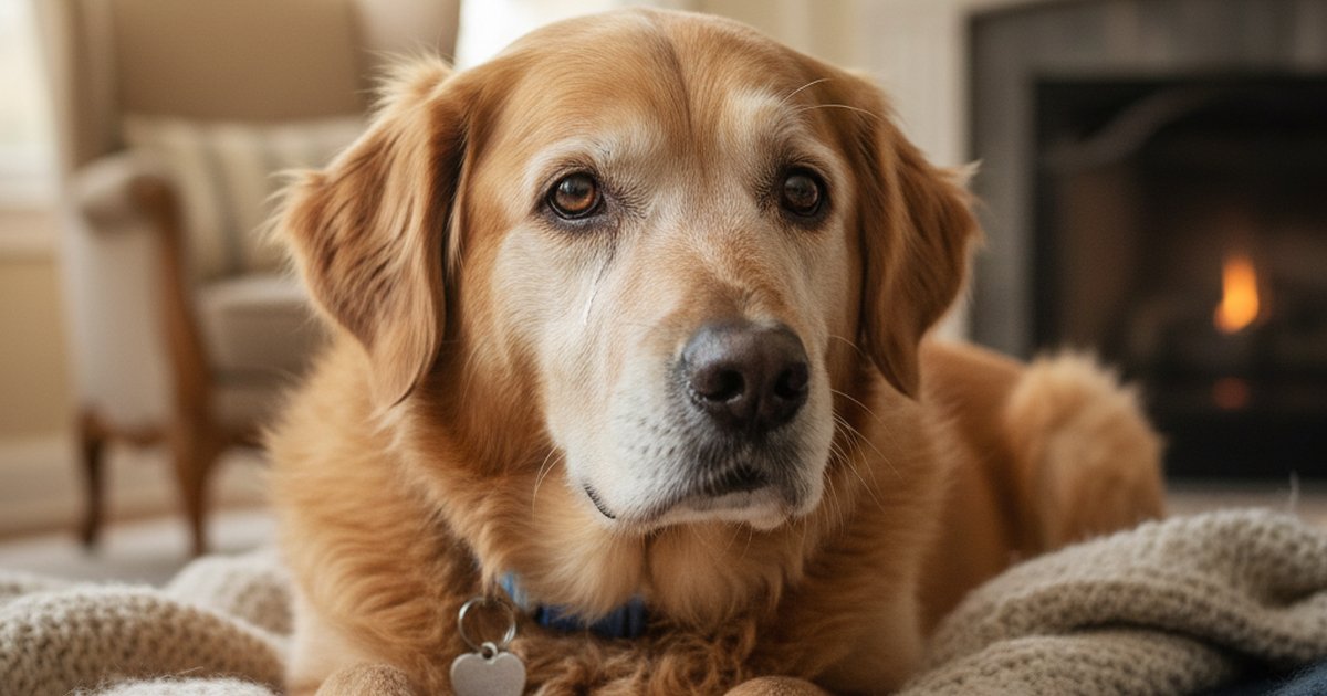An older golden retriever resting its head on a blanket