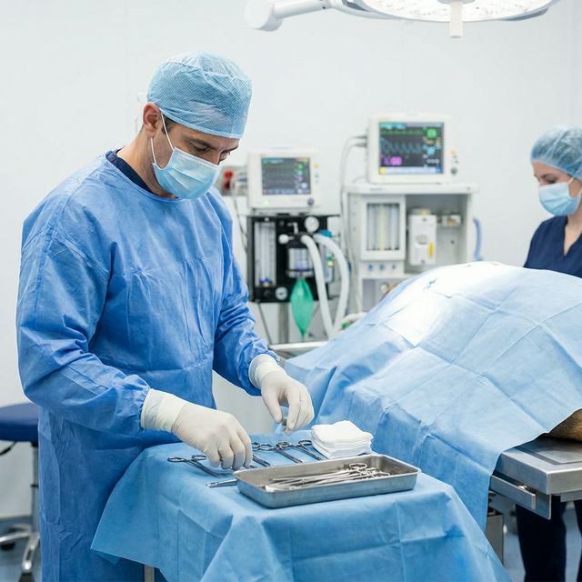 Veterinary surgeon performing spay surgery on a dog