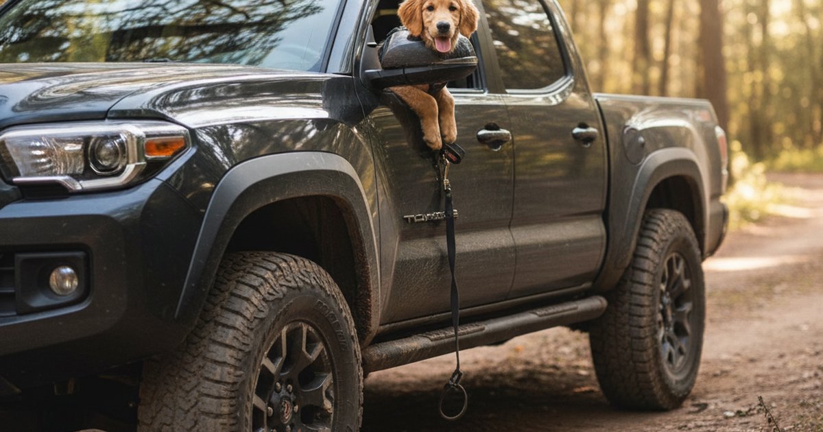 A dog sitting in the back of a Toyota Tacoma on a dirt trail