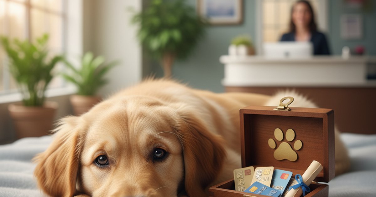 A veterinarian listening to a calm golden retriever's heartbeat with a stethoscope.